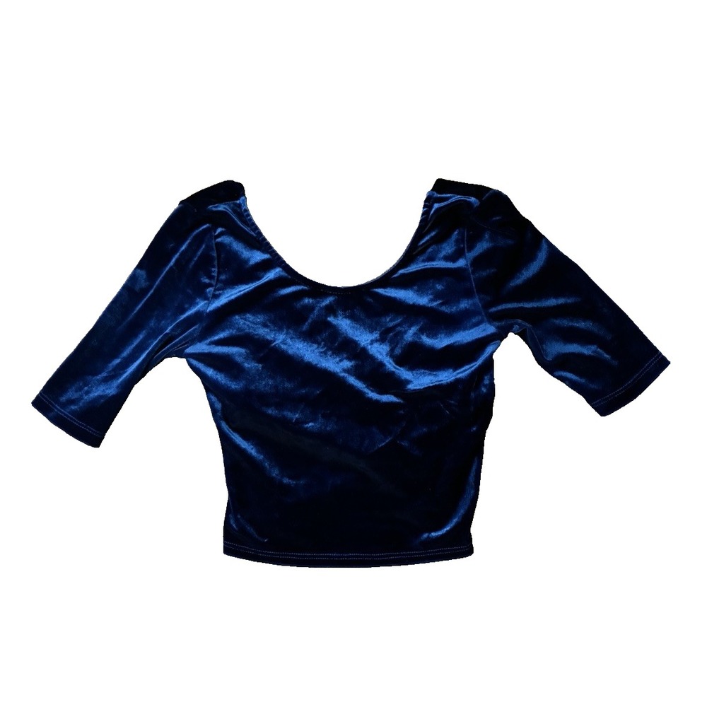 VTG In Style Women SM Royal Blue Velvet Crop Top Y2K Velour Metallic Cyber Goth